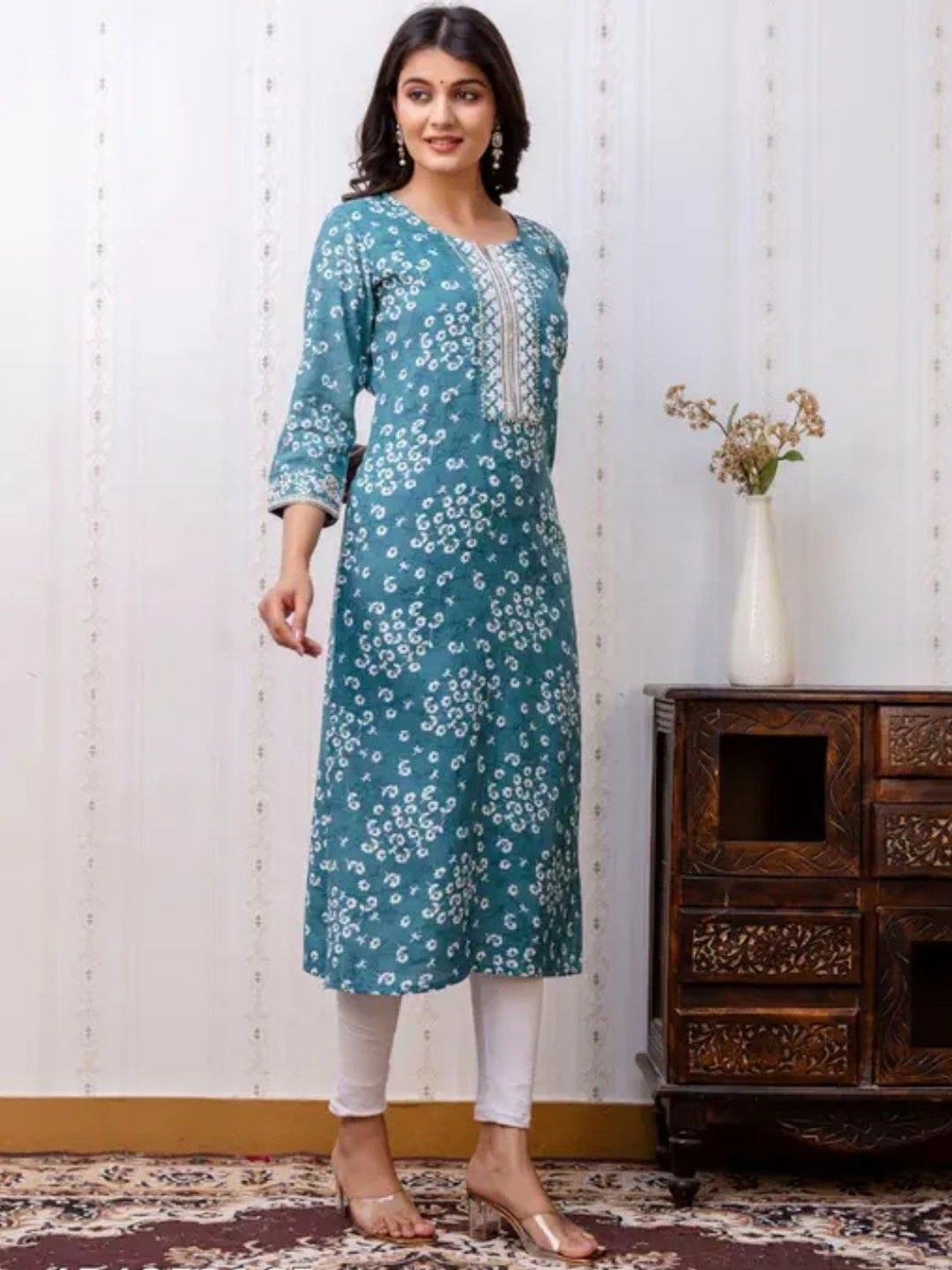 KALINI Floral Printed Mirror Work Notch Neck Straight Kurta, Turquoise blue
