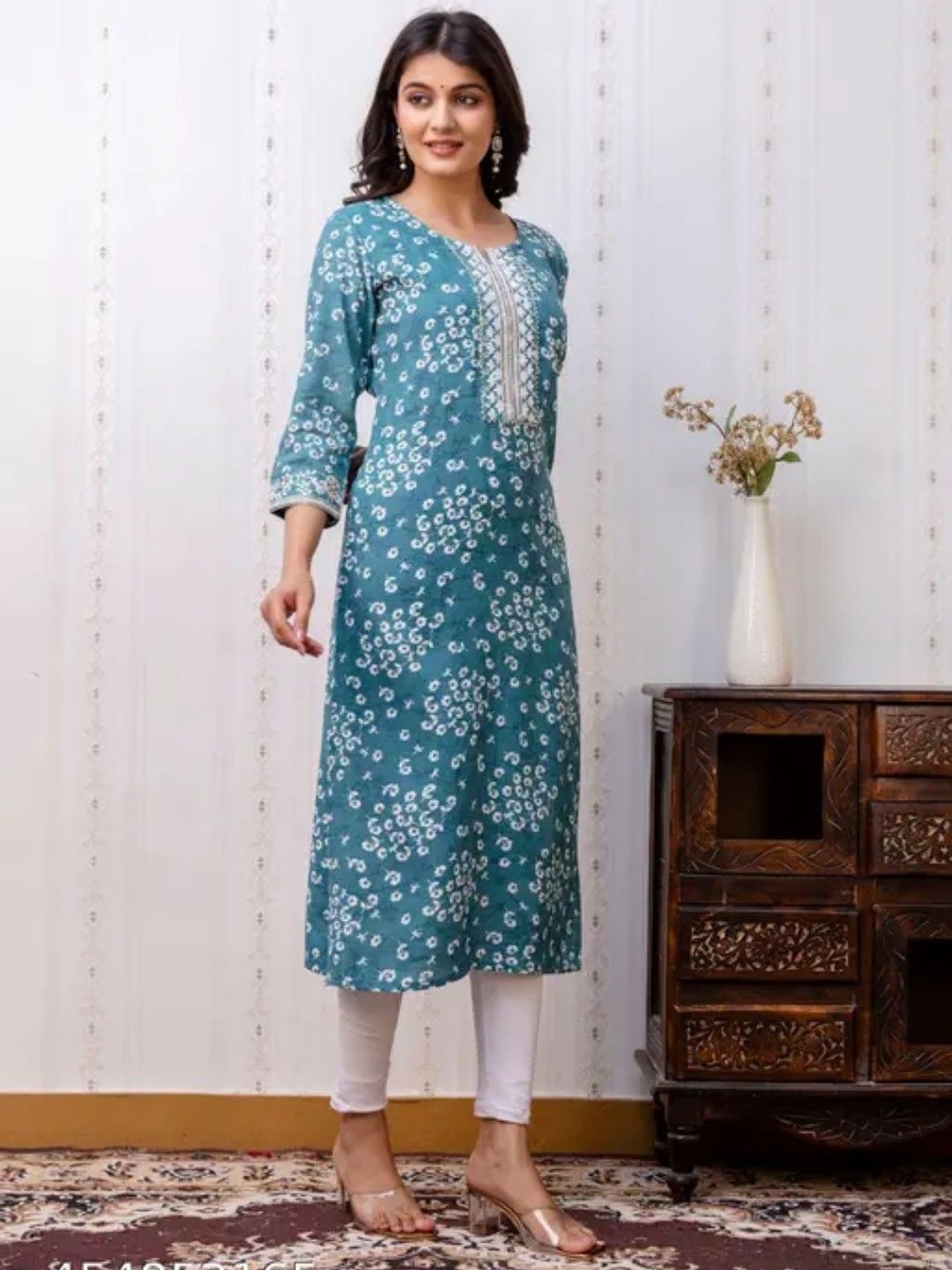 

KALINI Floral Printed Mirror Work Notch Neck Straight Kurta, Turquoise blue