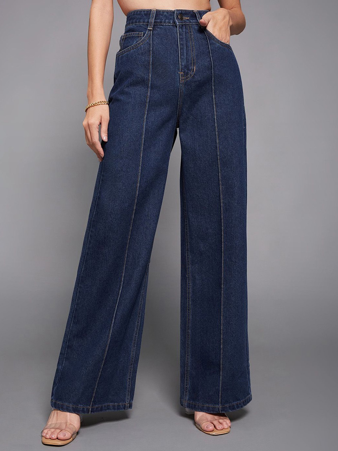 

Miss Chase Women Wide Leg High-Rise Slash Knee Stretchable Jeans, Blue