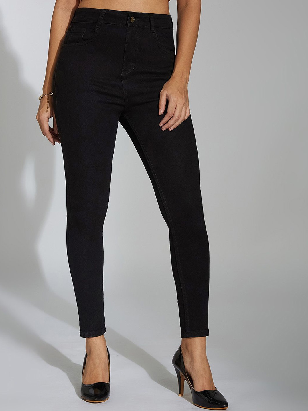 

Miss Chase Women Skinny Fit High-Rise Slash Knee Stretchable Jeans, Black