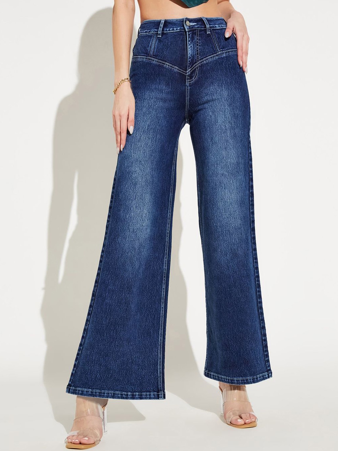 

Miss Chase Women Wide Leg High-Rise Light Fade Stretchable Jeans, Blue
