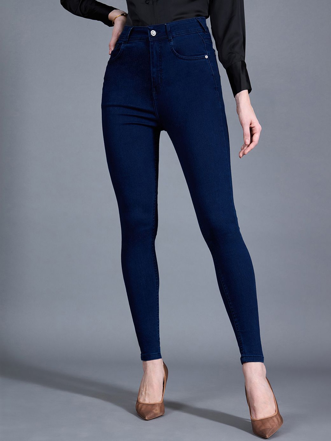 

Miss Chase Women Skinny Fit High-Rise Slash Knee Stretchable Jeans, Navy blue