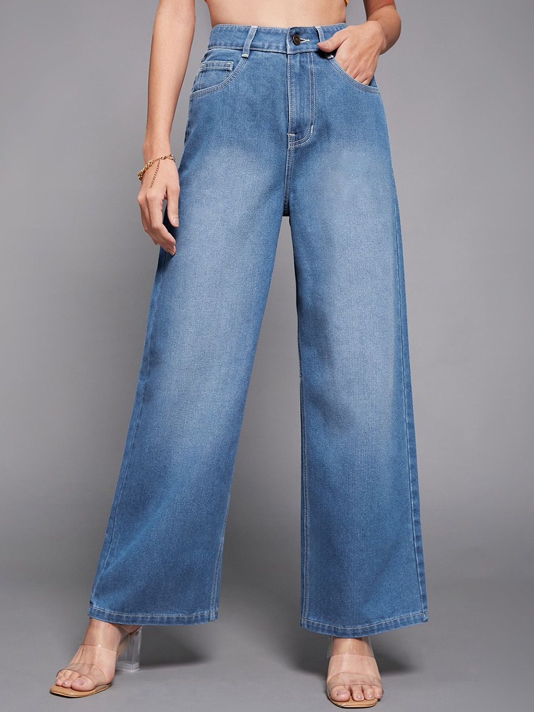

Miss Chase Women Wide Leg High-Rise Light Fade Stretchable Jeans, Blue