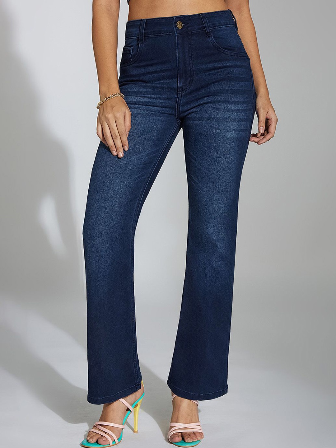 

Miss Chase Women Wide Leg High-Rise Low Distress Light Fade Stretchable Jeans, Blue