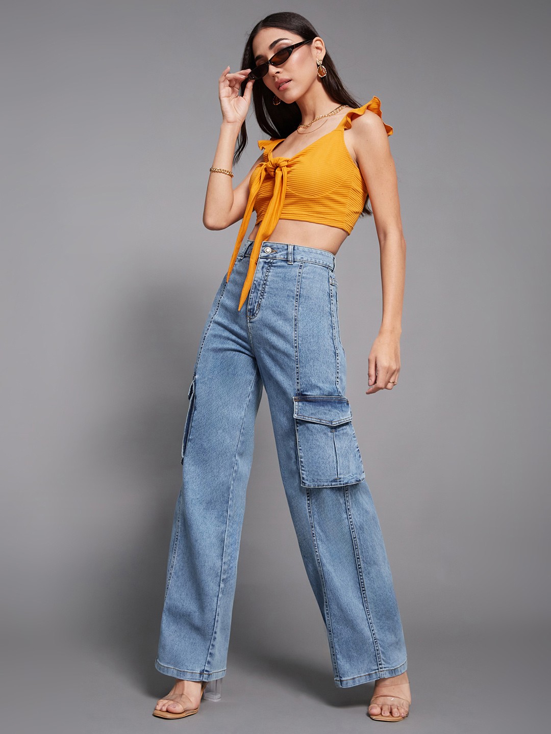 

Miss Chase Women Wide Leg High-Rise Light Fade Stretchable Jeans, Blue