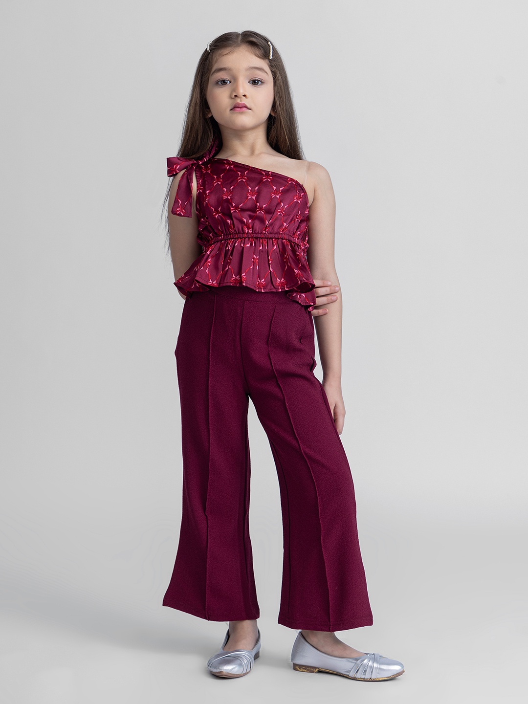 

taffykids Girls Printed Top with Trousers, Maroon