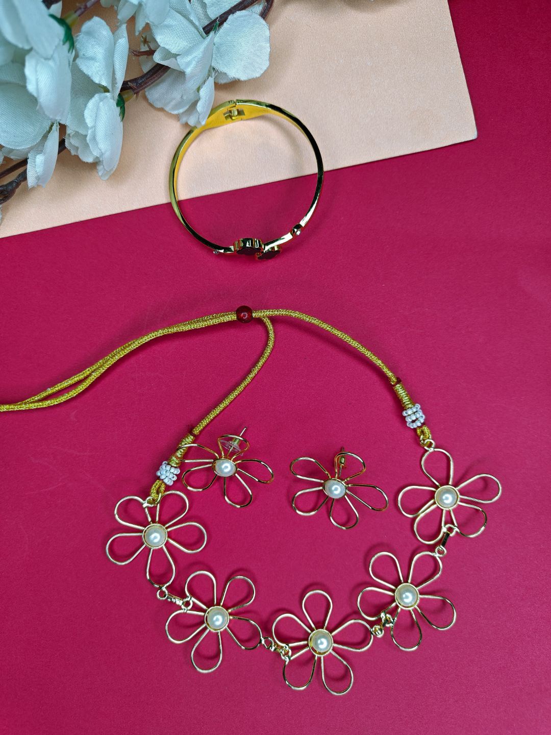 

NVR Valentine Special Women's Gold-Plated Floral Shaped Pearl Beaded Jewellery Set