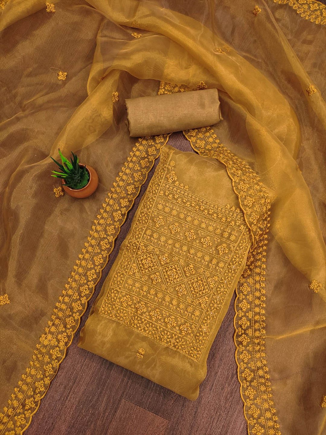 

BlissFlair Organza Unstitched Dress Material, Mustard