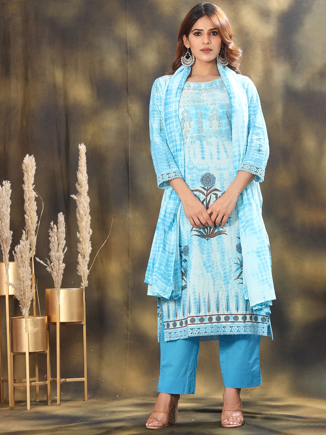 

sewingkrafts Women Floral Printed Regular Sequinned Pure Cotton Kurta with Palazzos & With Dupatta, Blue