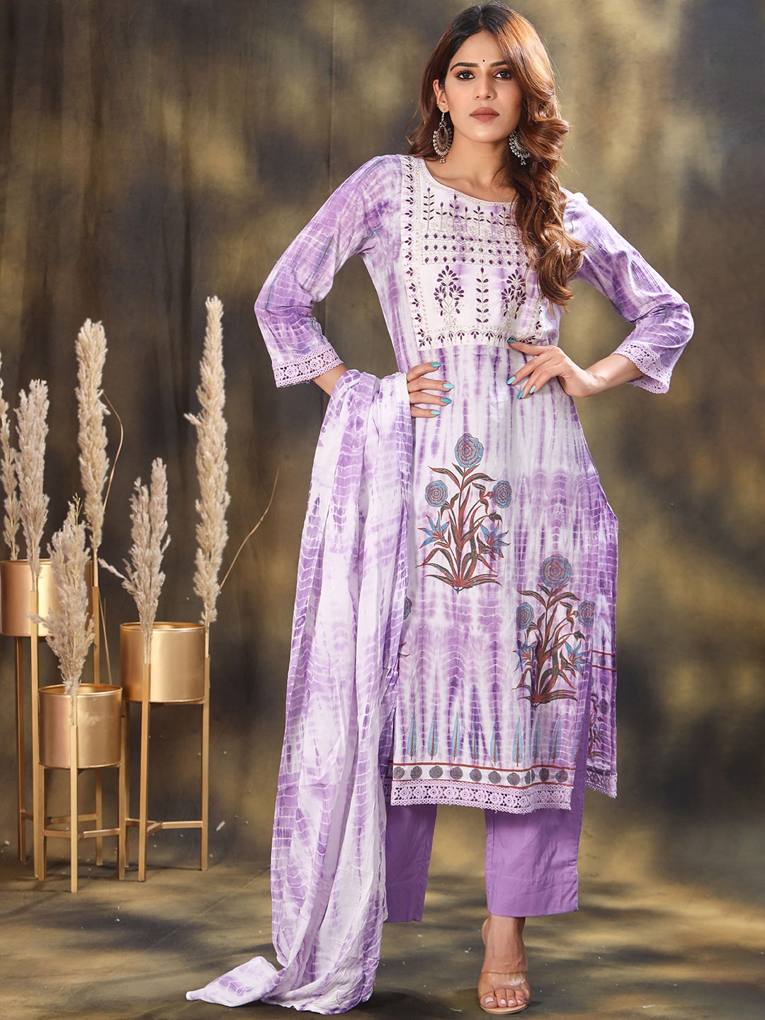 

sewingkrafts Women Floral Printed Regular Sequinned Pure Cotton Kurta with Palazzos & With Dupatta, Lavender