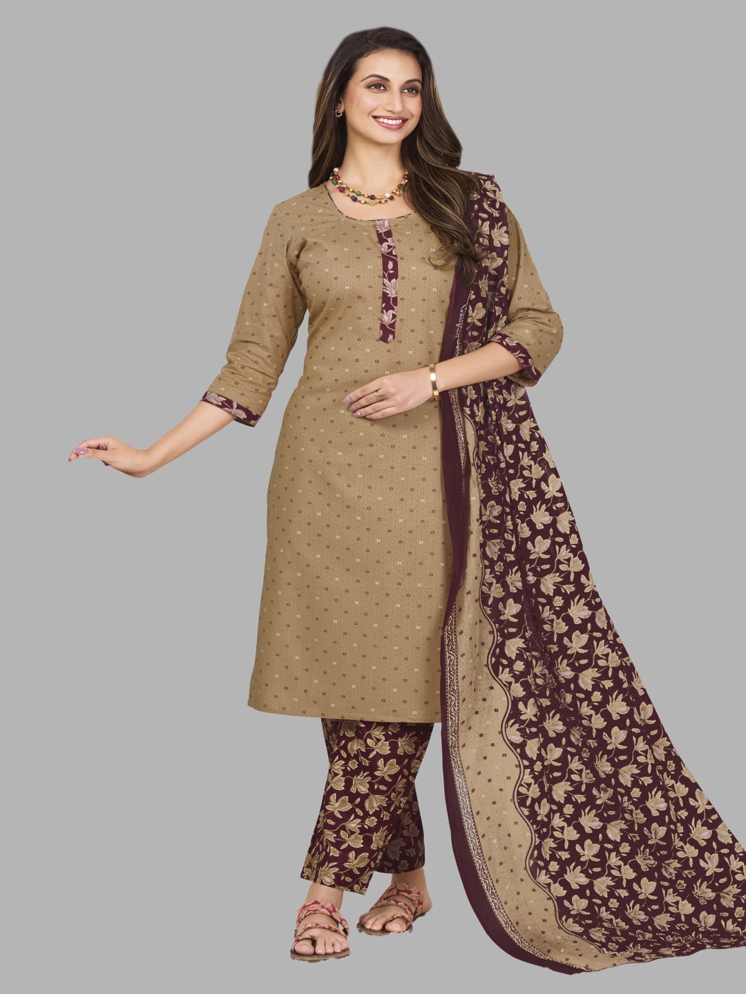 

shree jeenmata collection Women Floral Printed Regular Pure Cotton Kurta with Churidar & With Dupatta, Beige