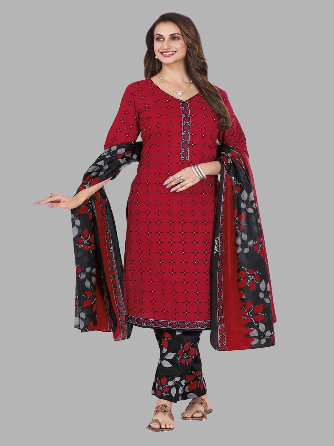 

shree jeenmata collection Women Printed Regular Pure Cotton Kurta with Churidar & With Dupatta, Red