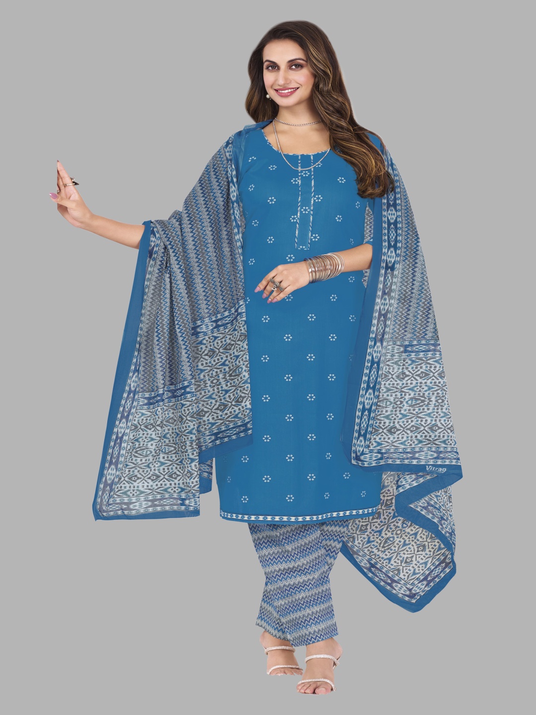 

shree jeenmata collection Women Floral Printed Regular Pure Cotton Kurta with Churidar & With Dupatta, Blue