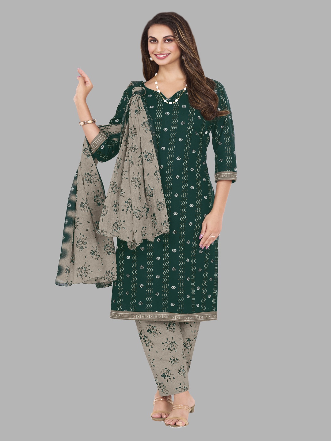 

shree jeenmata collection Women Printed Regular Pure Cotton Kurta with Churidar & With Dupatta, Green