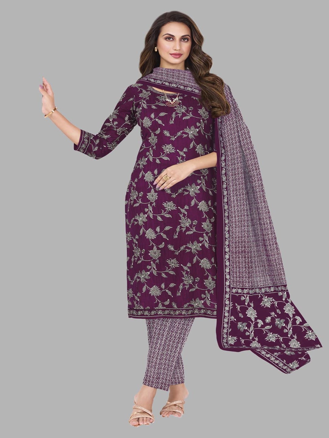 

shree jeenmata collection Women Printed Regular Pure Cotton Kurta with Churidar & With Dupatta, Na