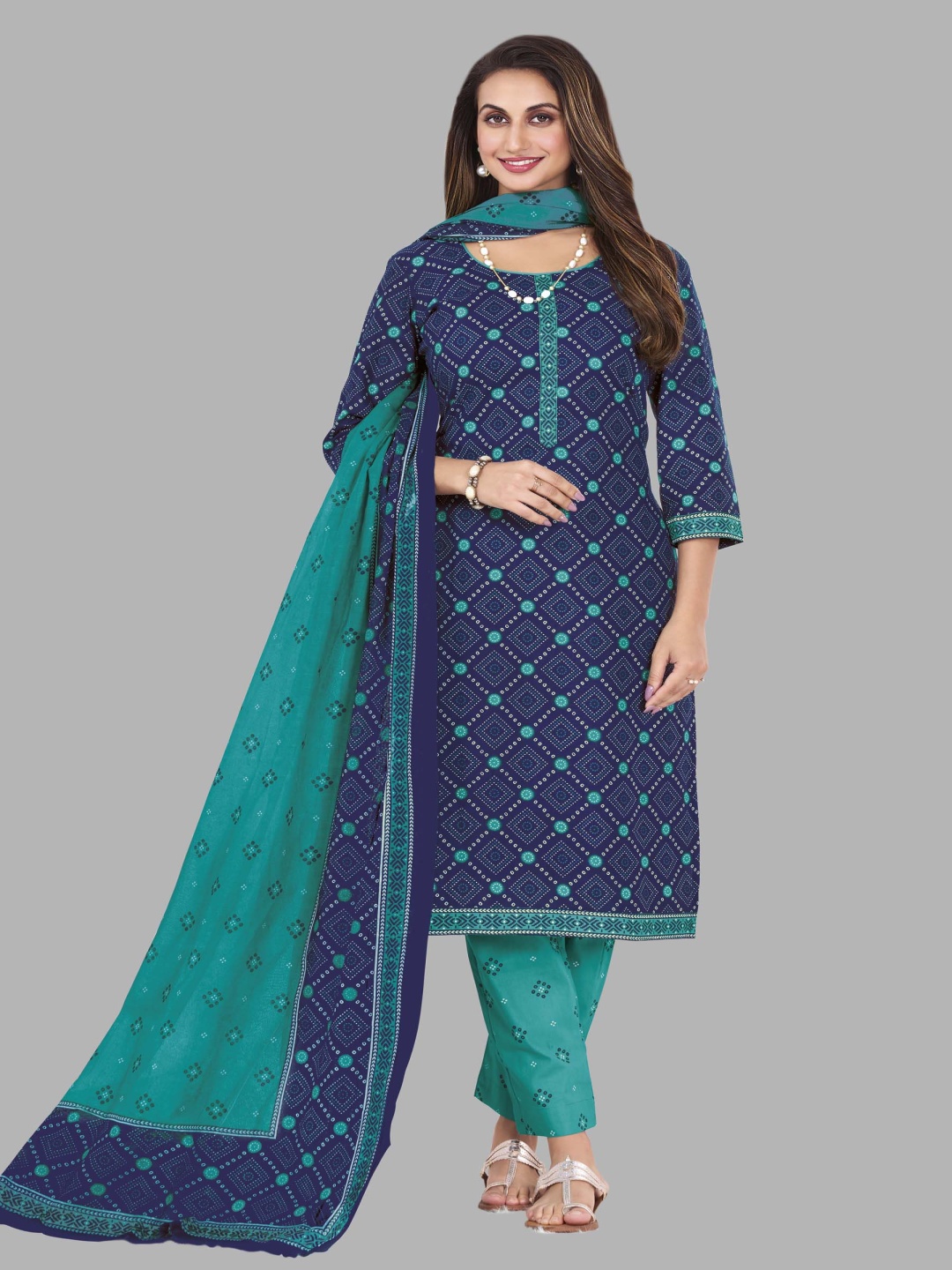 

shree jeenmata collection Women Bandhani Printed Regular Pure Cotton Kurta with Churidar & With Dupatta, Navy blue
