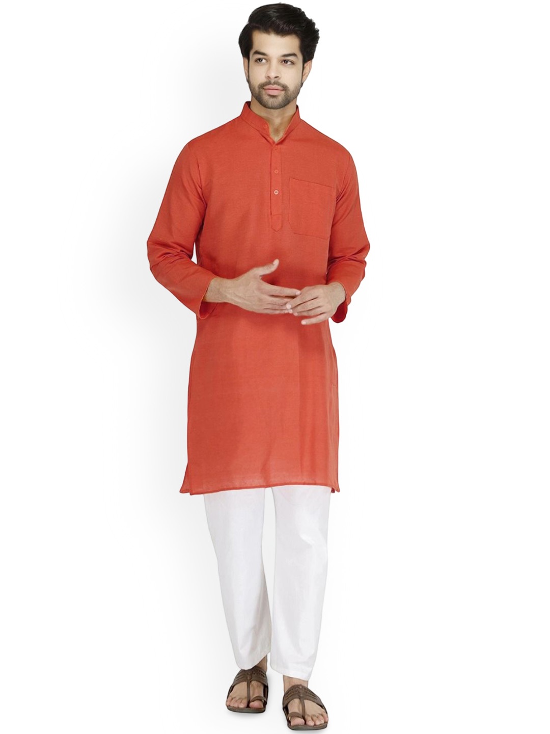 

Aaryavar Band Collar Straight Kurta With Trouser, Orange