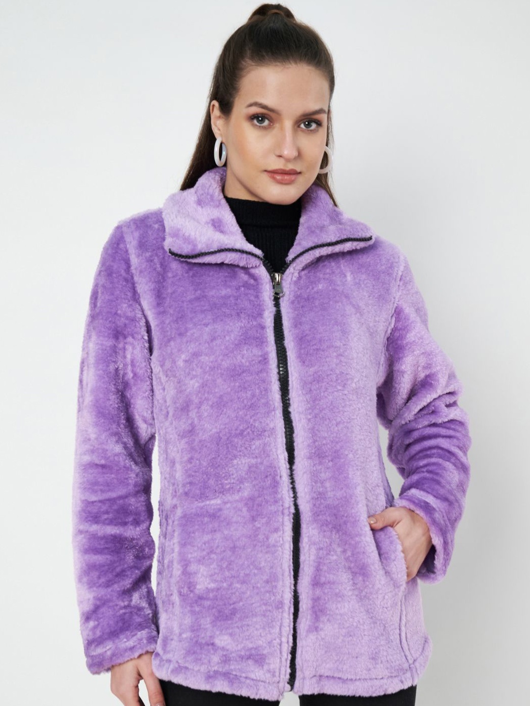 

BRINNS Women Mock Collar Self Design Faux Fur Casual Lightweight Parka Jacket, Lavender
