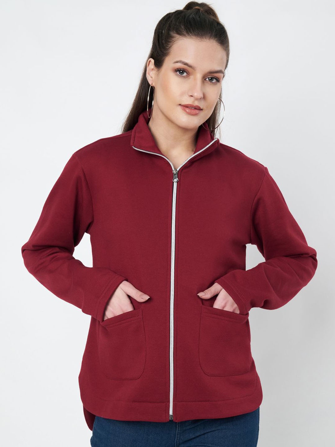 

BRINNS Women Mock Collar Solid Fleece Casual Tailored Jacket, Maroon