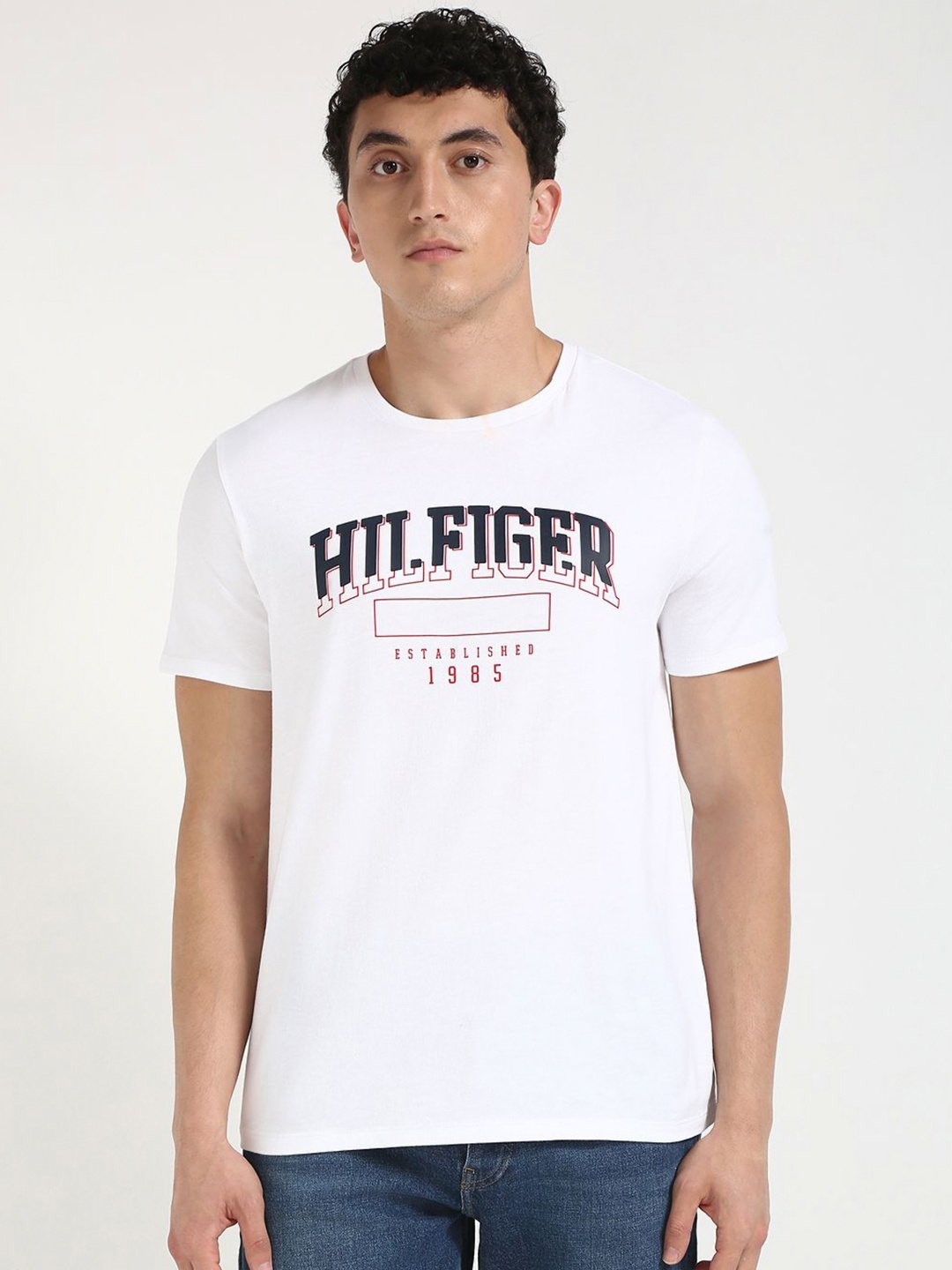

Tommy Hilfiger Men Typography Printed Round Neck Cotton T-shirt, White
