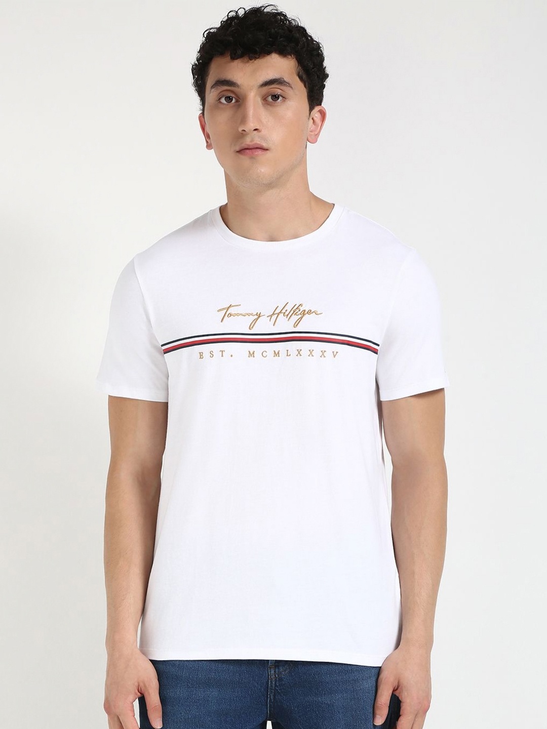 Tommy Hilfiger Men Typography Printed Round Neck Cotton T-shirt, White