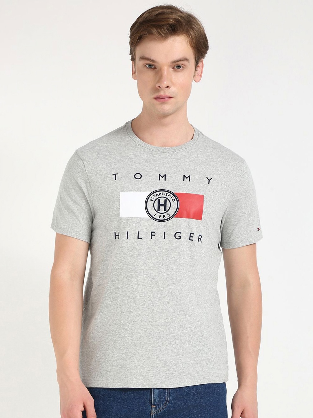 

Tommy Hilfiger Men Typography Printed Round Neck Cotton T-shirt, Grey