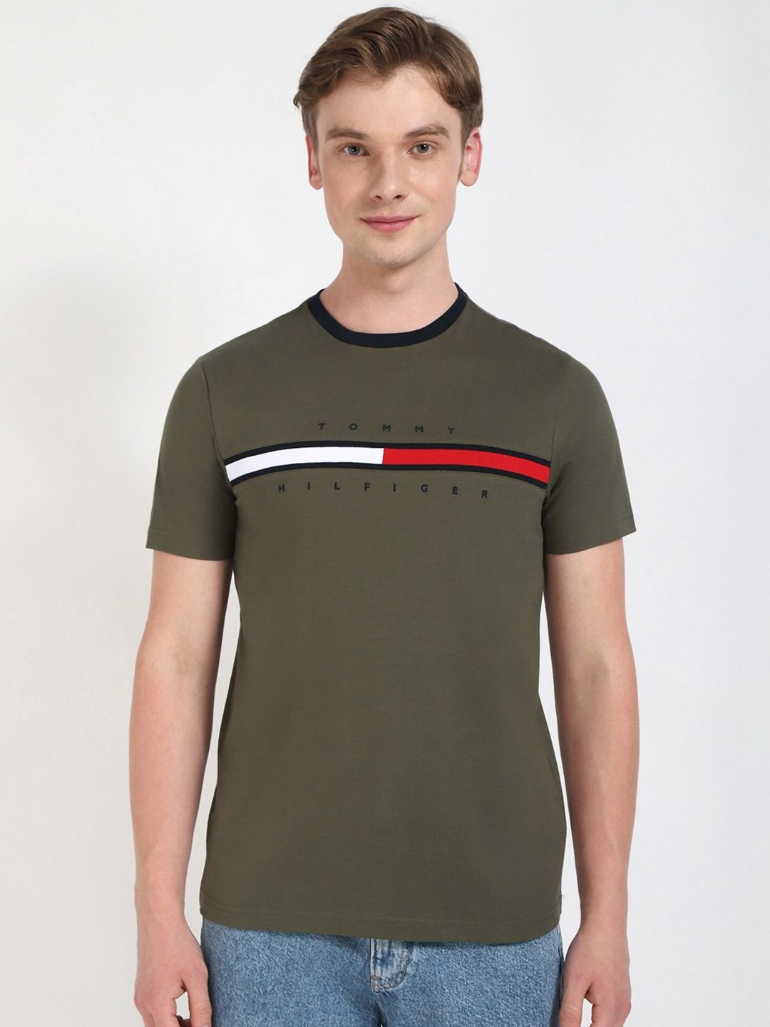 

Tommy Hilfiger Men Typography Printed Round Neck Cotton T-shirt, Olive