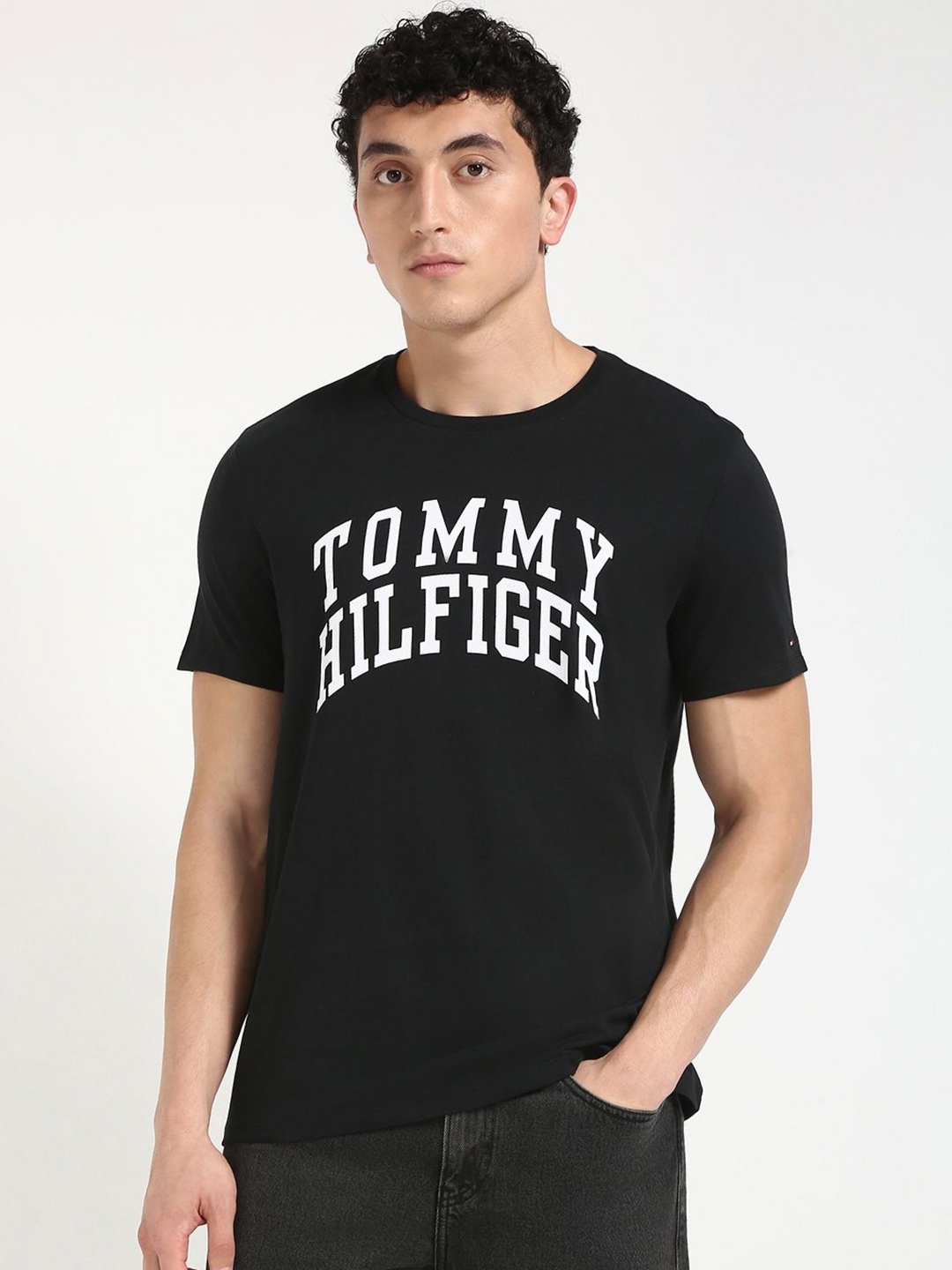

Tommy Hilfiger Men Typography Printed Round Neck Cotton T-shirt, Black