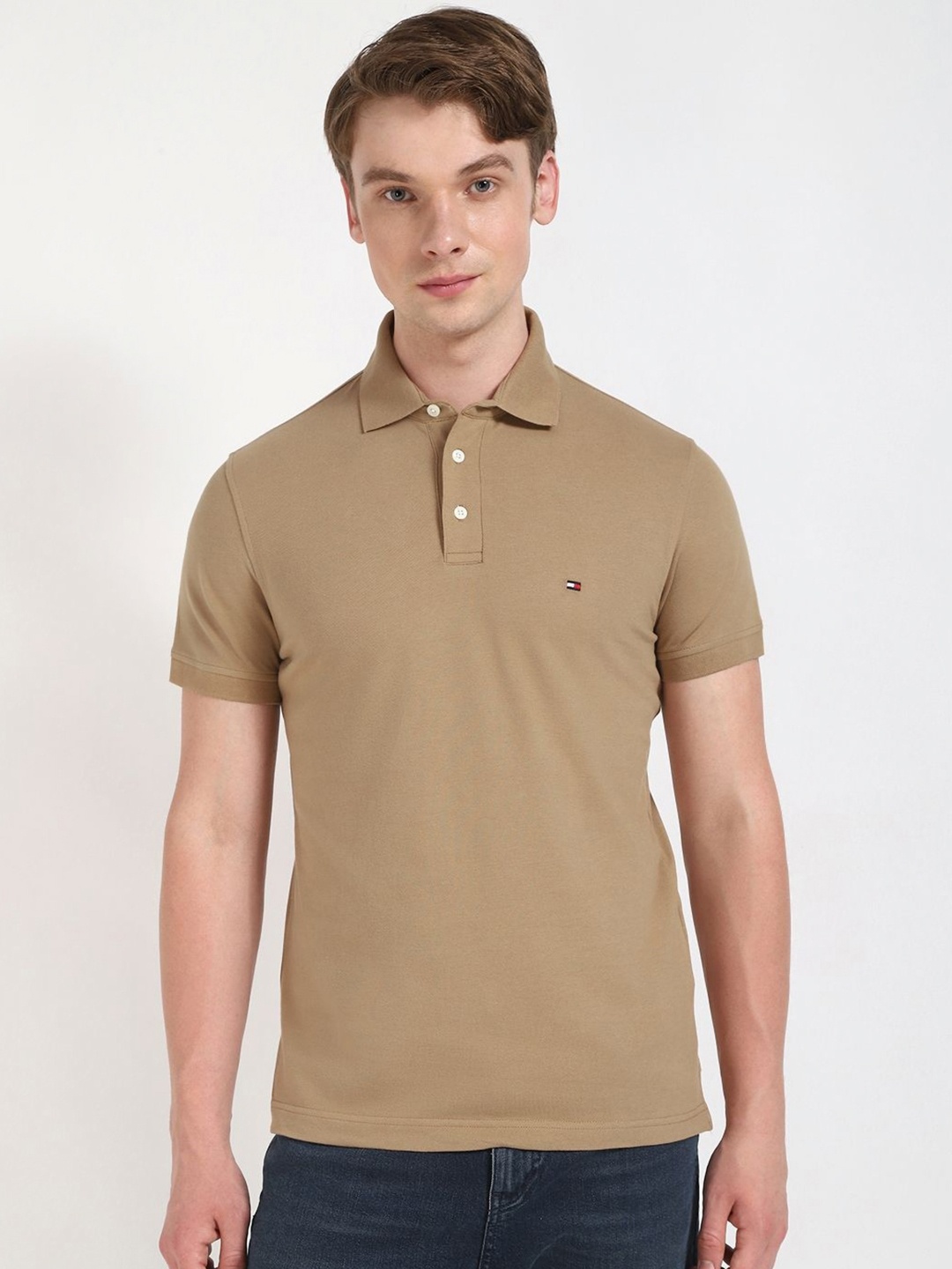 

Tommy Hilfiger Men Solid Polo Collar Cotton Slim Fit T-shirt, Brown