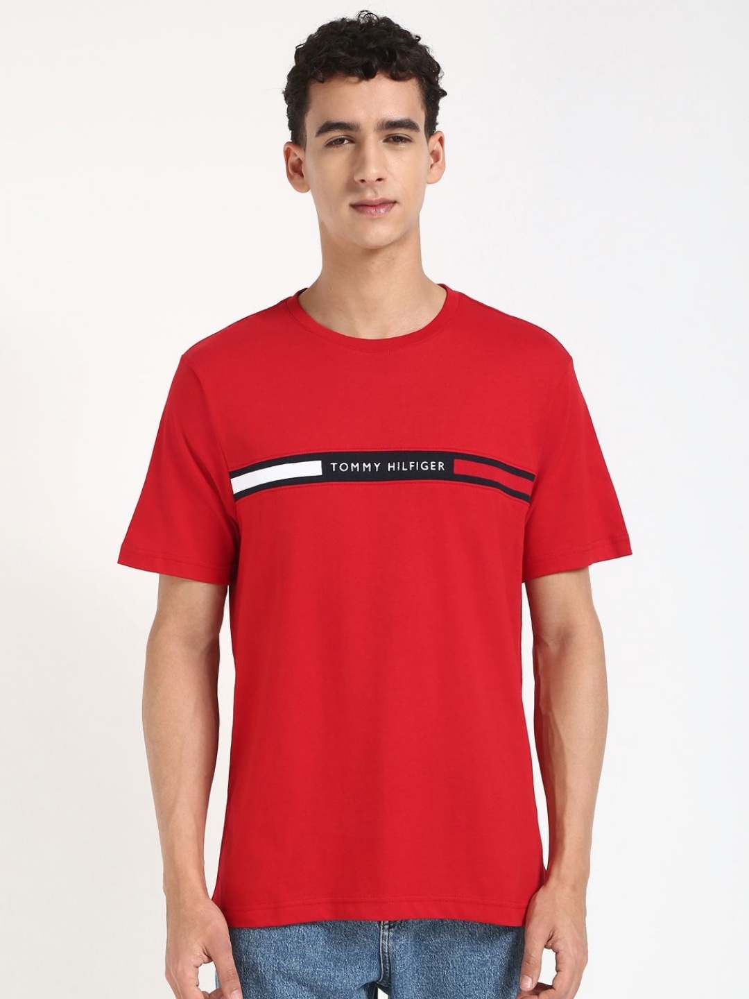 

Tommy Hilfiger Men Typography Printed Round Neck Cotton T-shirt, Red