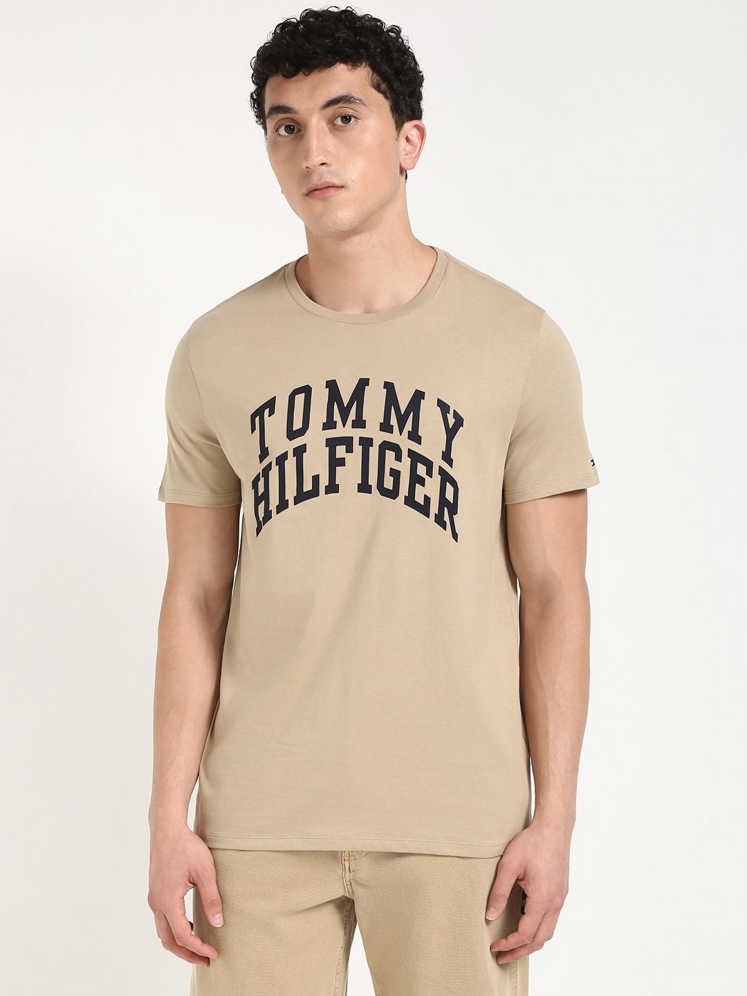 

Tommy Hilfiger Men BECKER Typography Printed Round Neck Cotton T-shirt, Beige