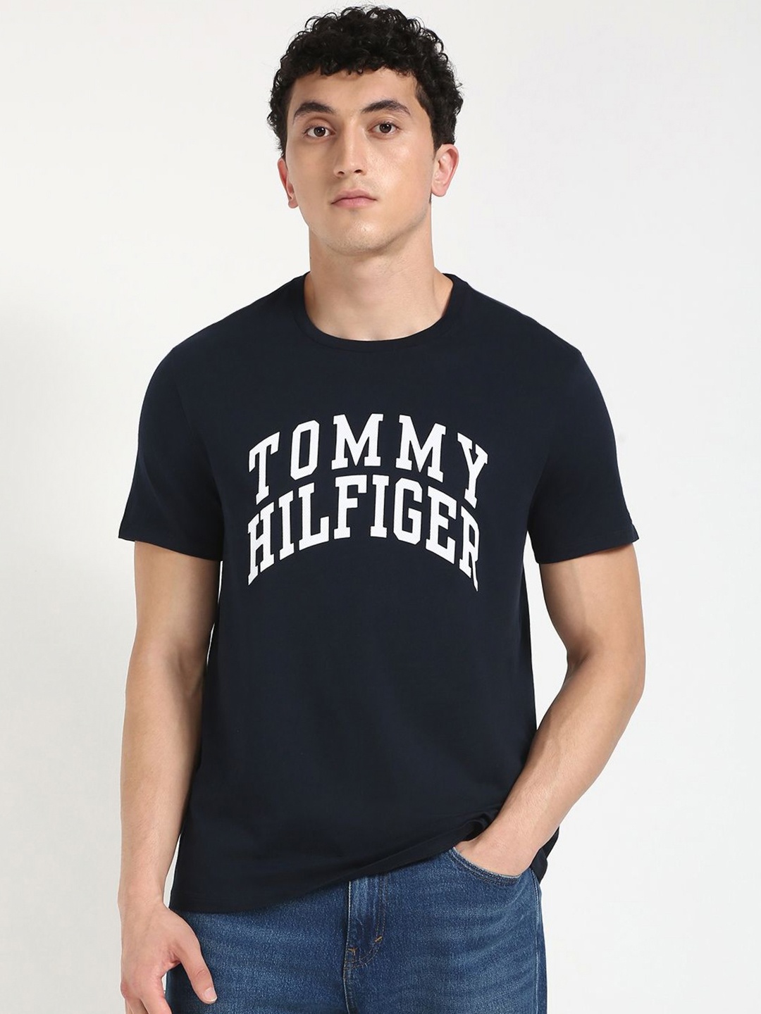 

Tommy Hilfiger Men Typography Printed Round Neck Cotton T-shirt, Black