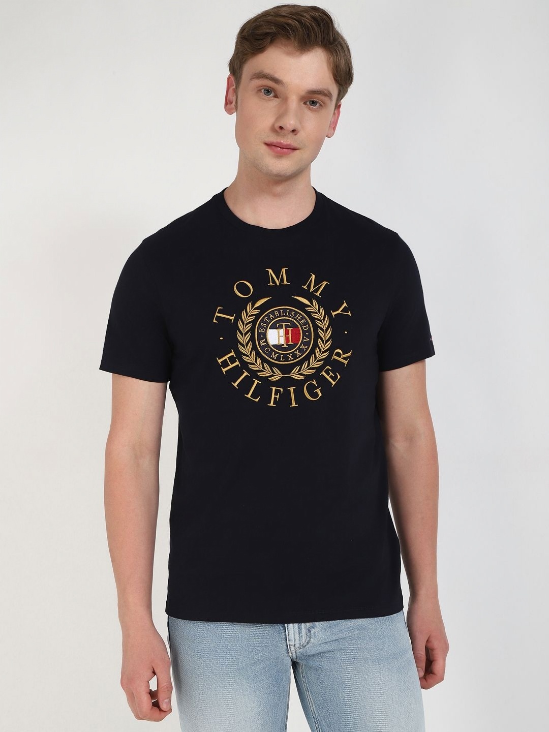 Tommy Hilfiger Men Typography Printed Round Neck Cotton T-shirt, Blue