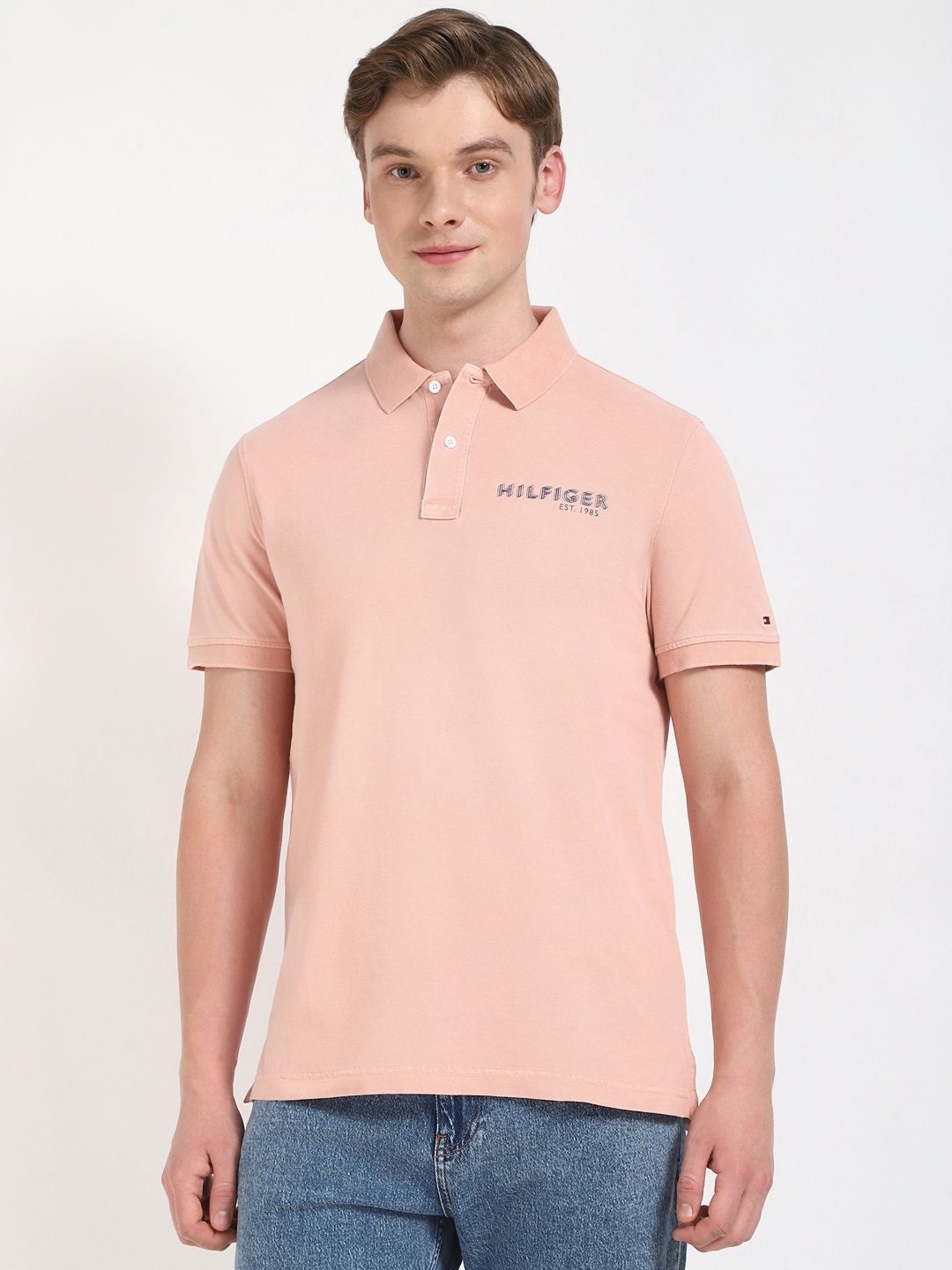 

Tommy Hilfiger Men Typography Printed Polo Collar Cotton T-shirt, Orange