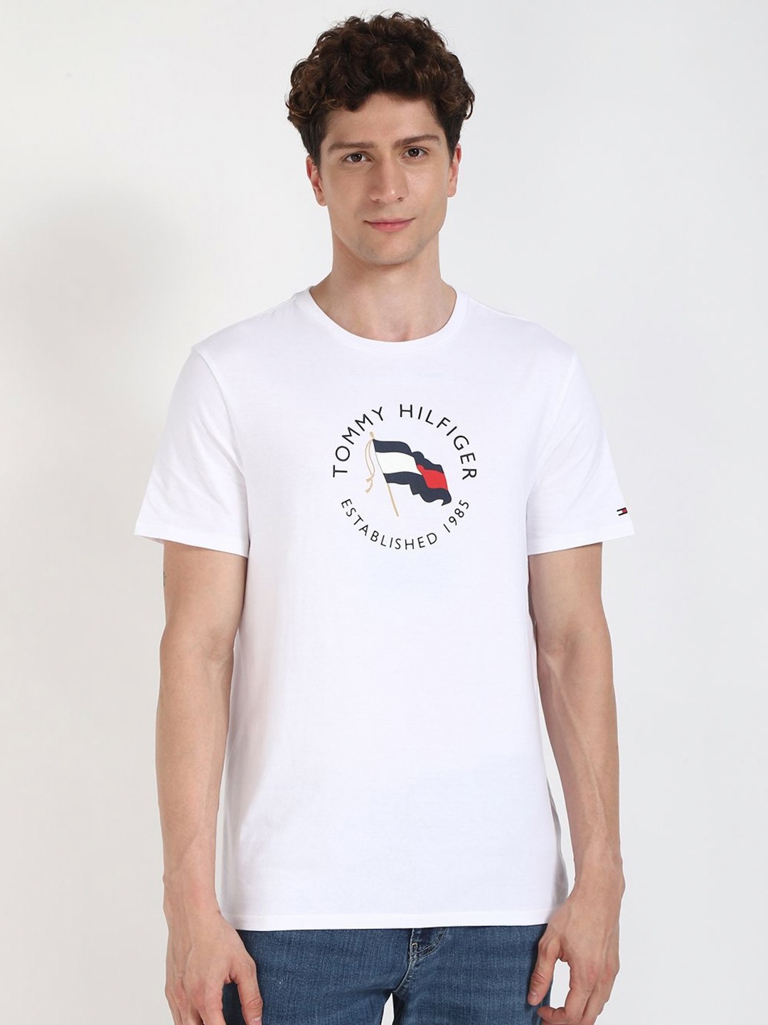 Tommy Hilfiger Men Typography Printed Round Neck Cotton T-shirt, White