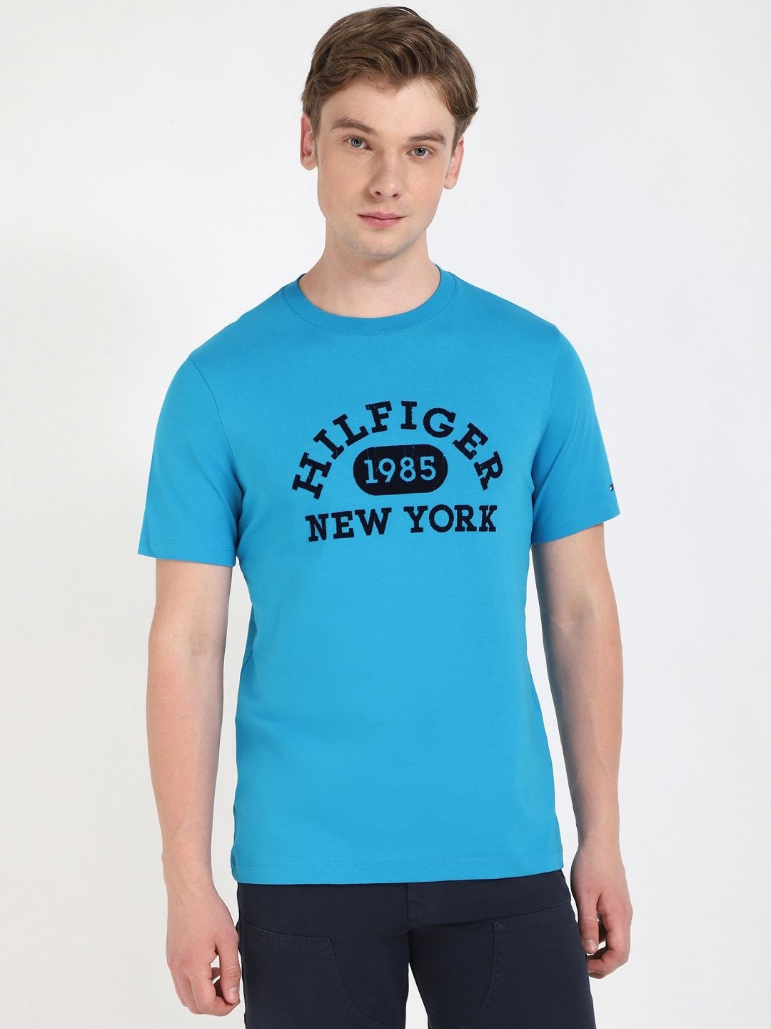 

Tommy Hilfiger Men Typography Printed Round Neck Cotton T-shirt, Blue