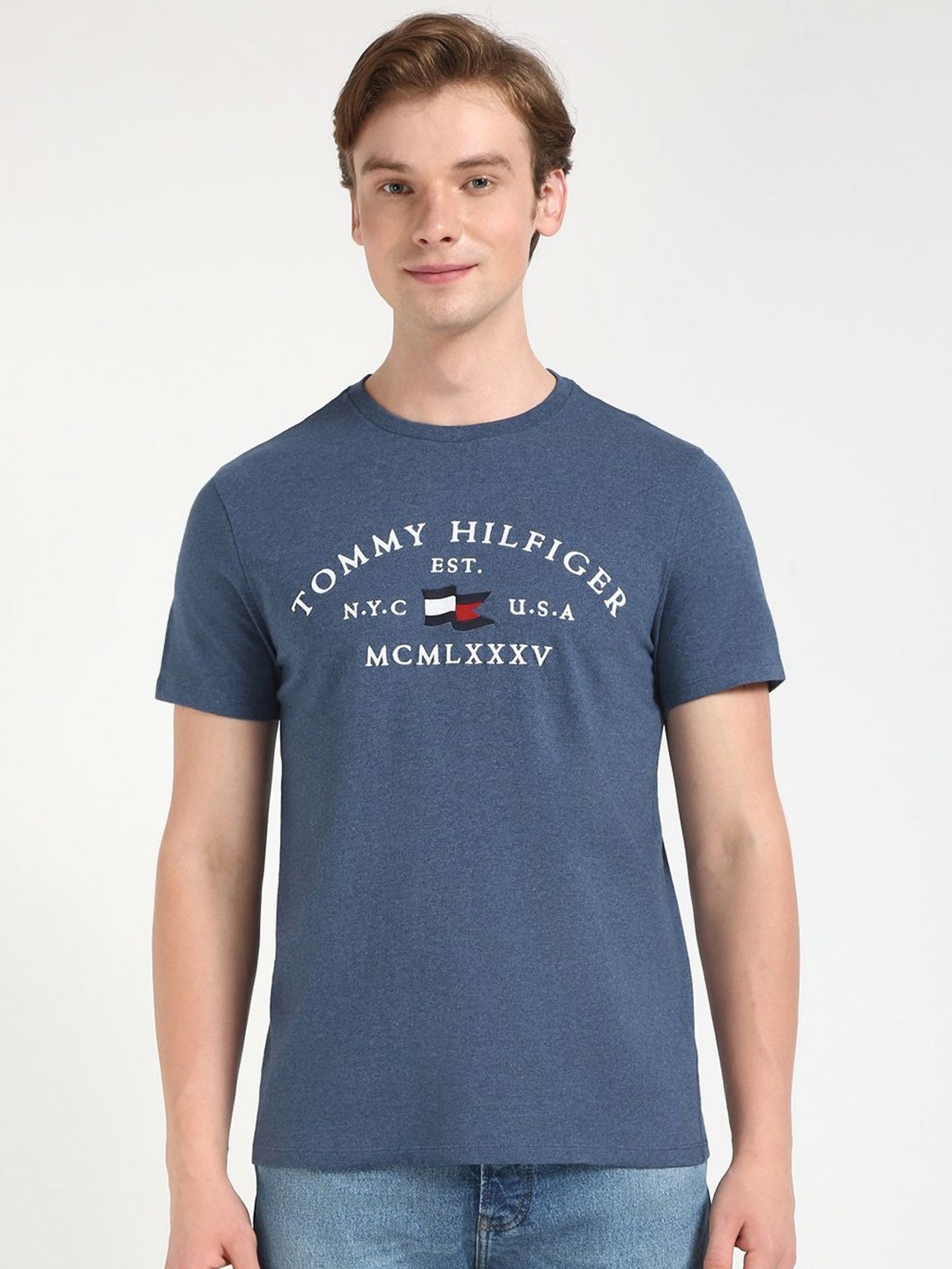 

Tommy Hilfiger Men Typography Printed Round Neck Cotton T-shirt, Blue