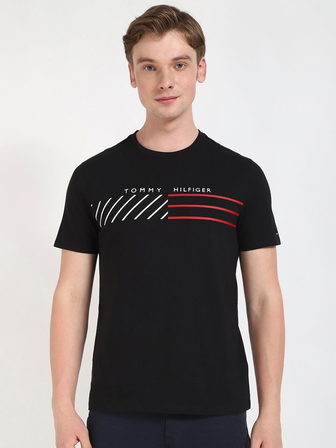 Tommy Hilfiger Men Typography Printed Round Neck Cotton T-shirt, Black