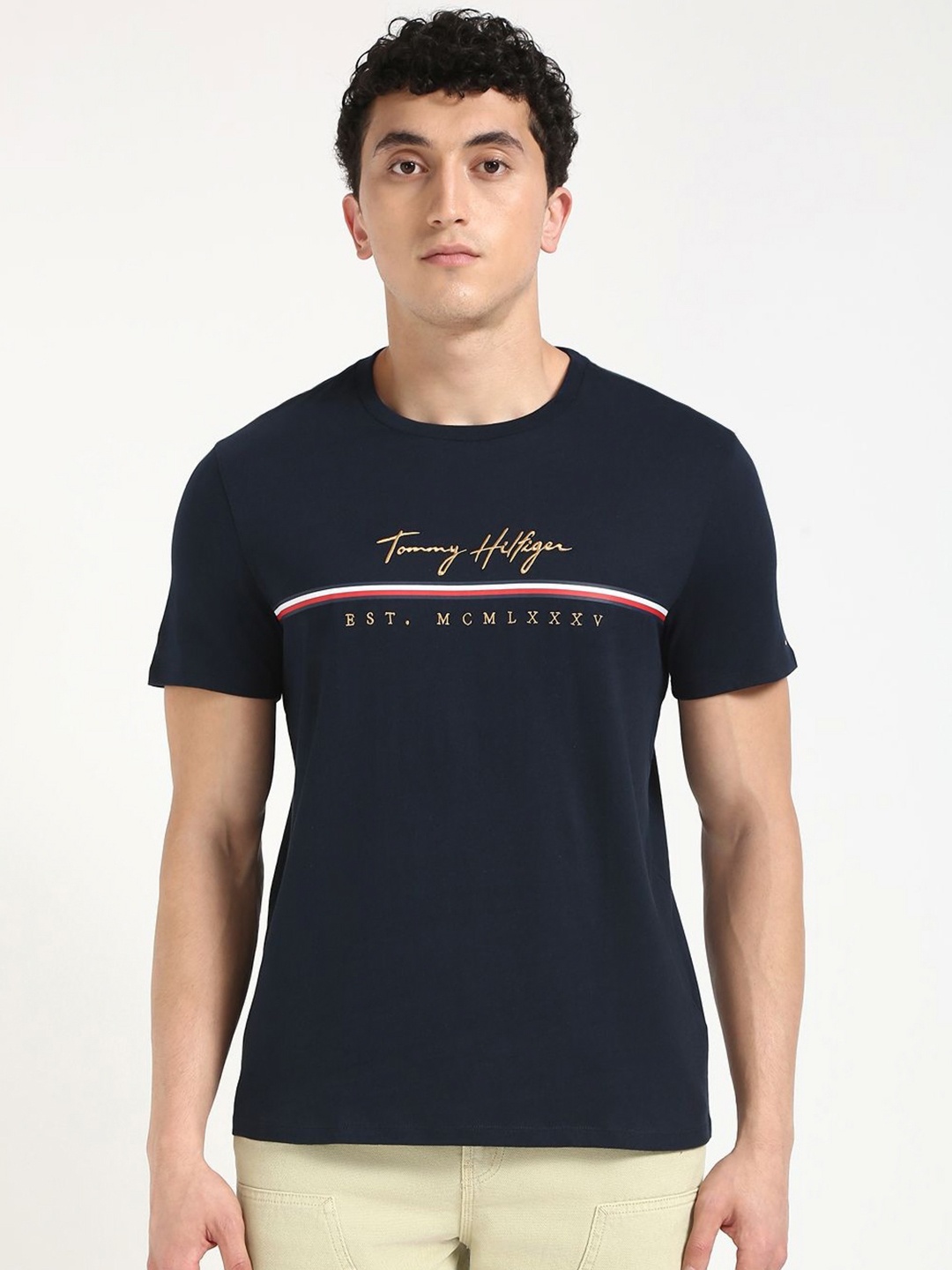 

Tommy Hilfiger Men Typography Printed Round Neck Cotton T-shirt, Blue