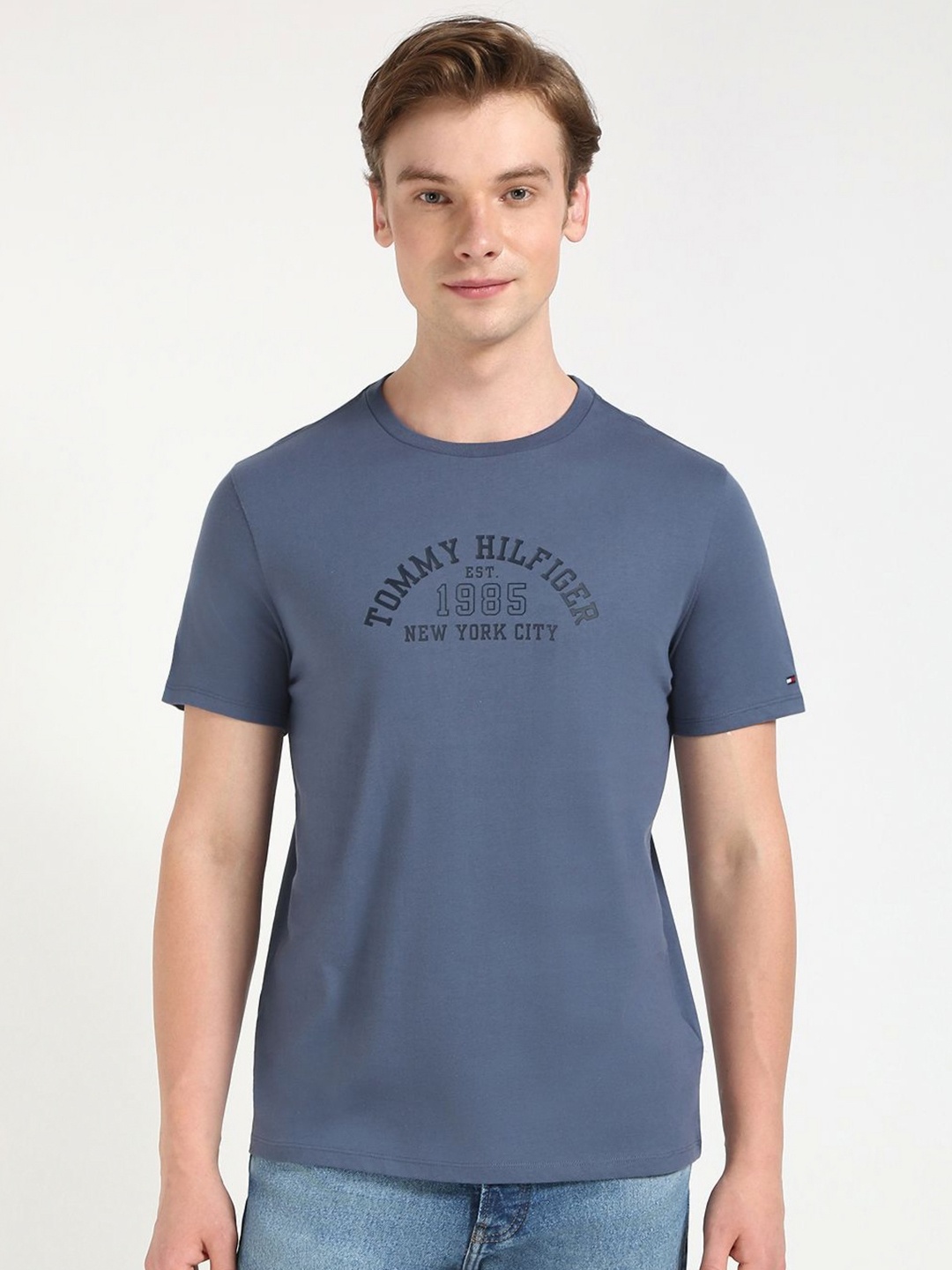 

Tommy Hilfiger Men Typography Printed Round Neck Cotton T-shirt, Blue