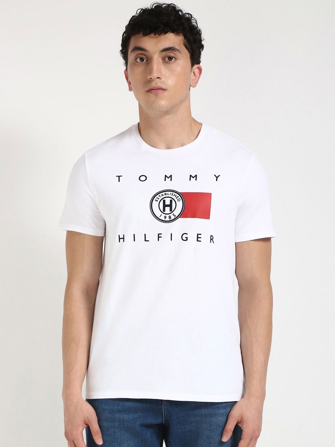 

Tommy Hilfiger Men Typography Printed Round Neck Cotton T-shirt, White