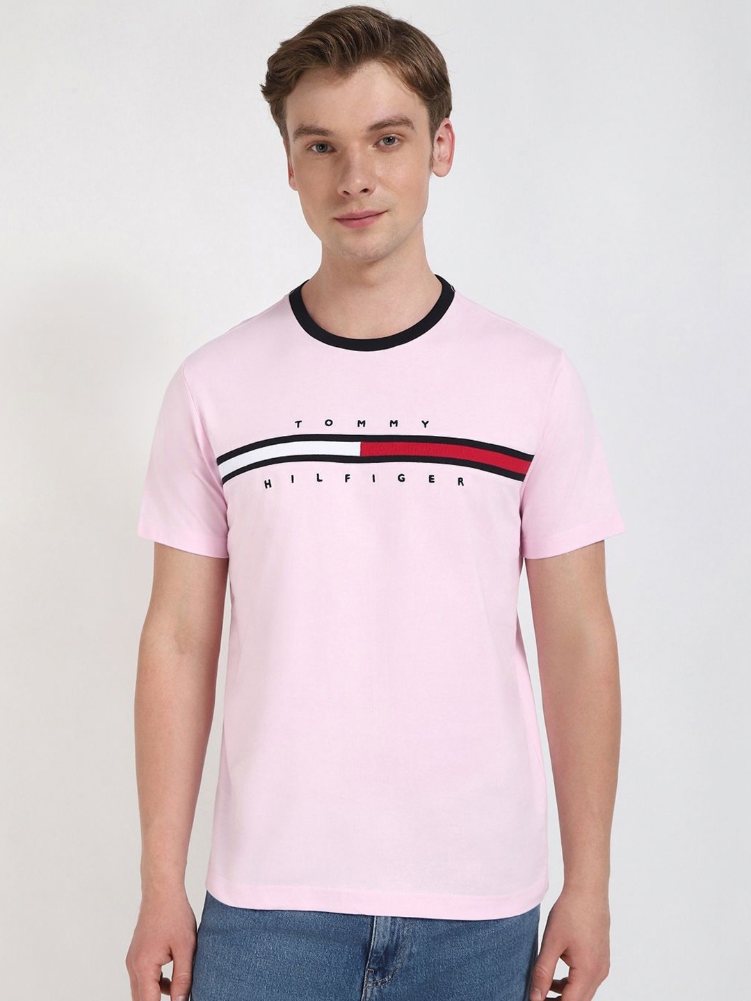 

Tommy Hilfiger Men Typography Printed Round Neck Cotton T-shirt, Pink