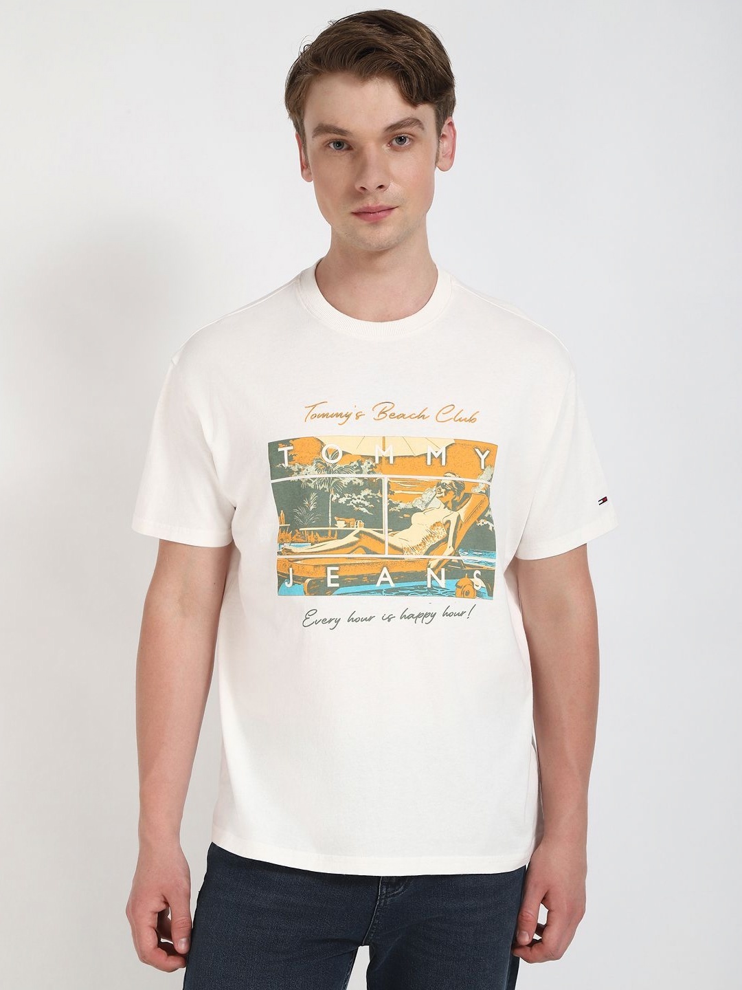 

Tommy Hilfiger Men Graphic Printed Round Neck Cotton T-shirt, Off white