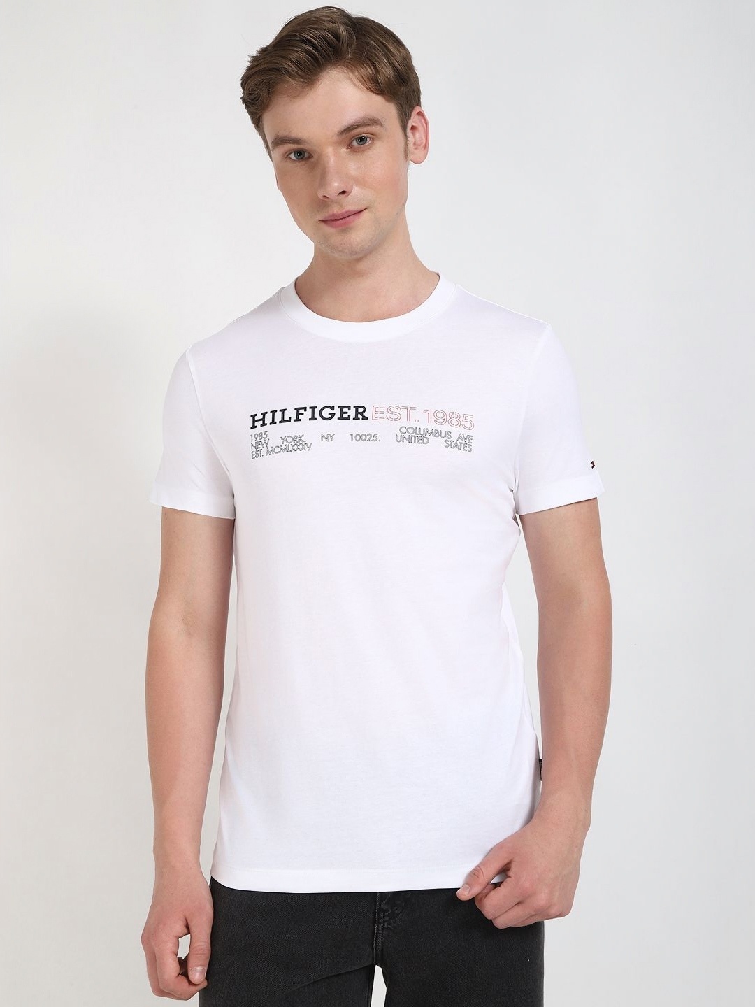 

Tommy Hilfiger Men Typography Printed Round Neck Cotton T-shirt, White