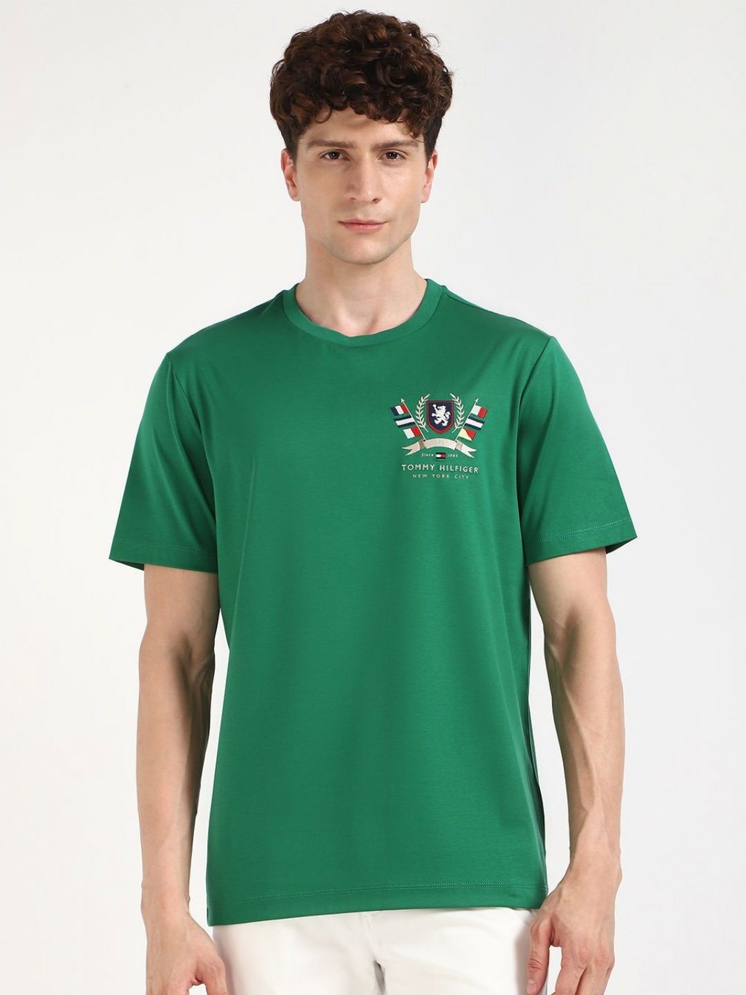 

Tommy Hilfiger Men CREST INTERLOCK Graphic Printed Round Neck Cotton T-shirt, Green