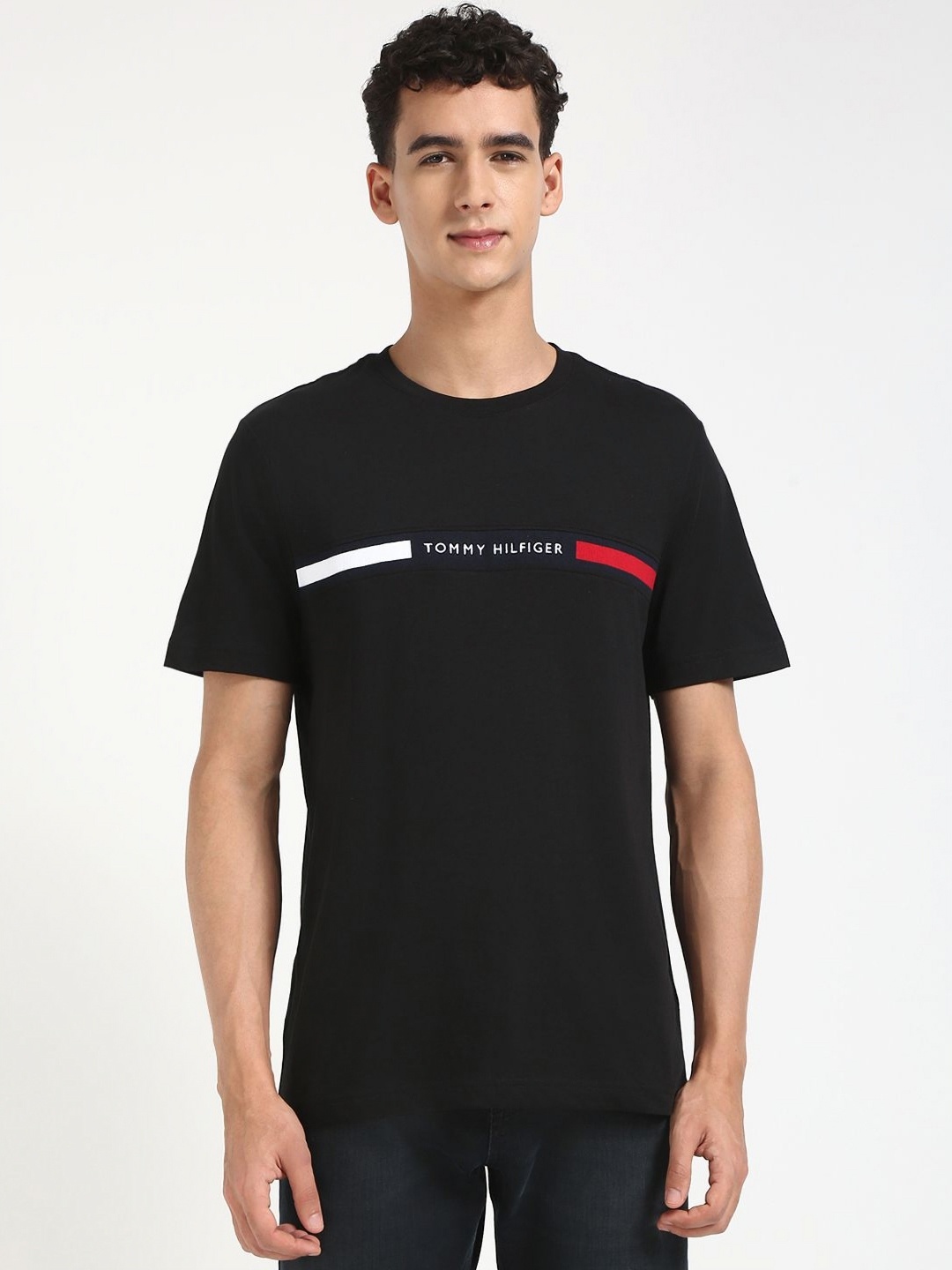 Tommy Hilfiger Men Typography Printed Round Neck Cotton T-shirt, Black