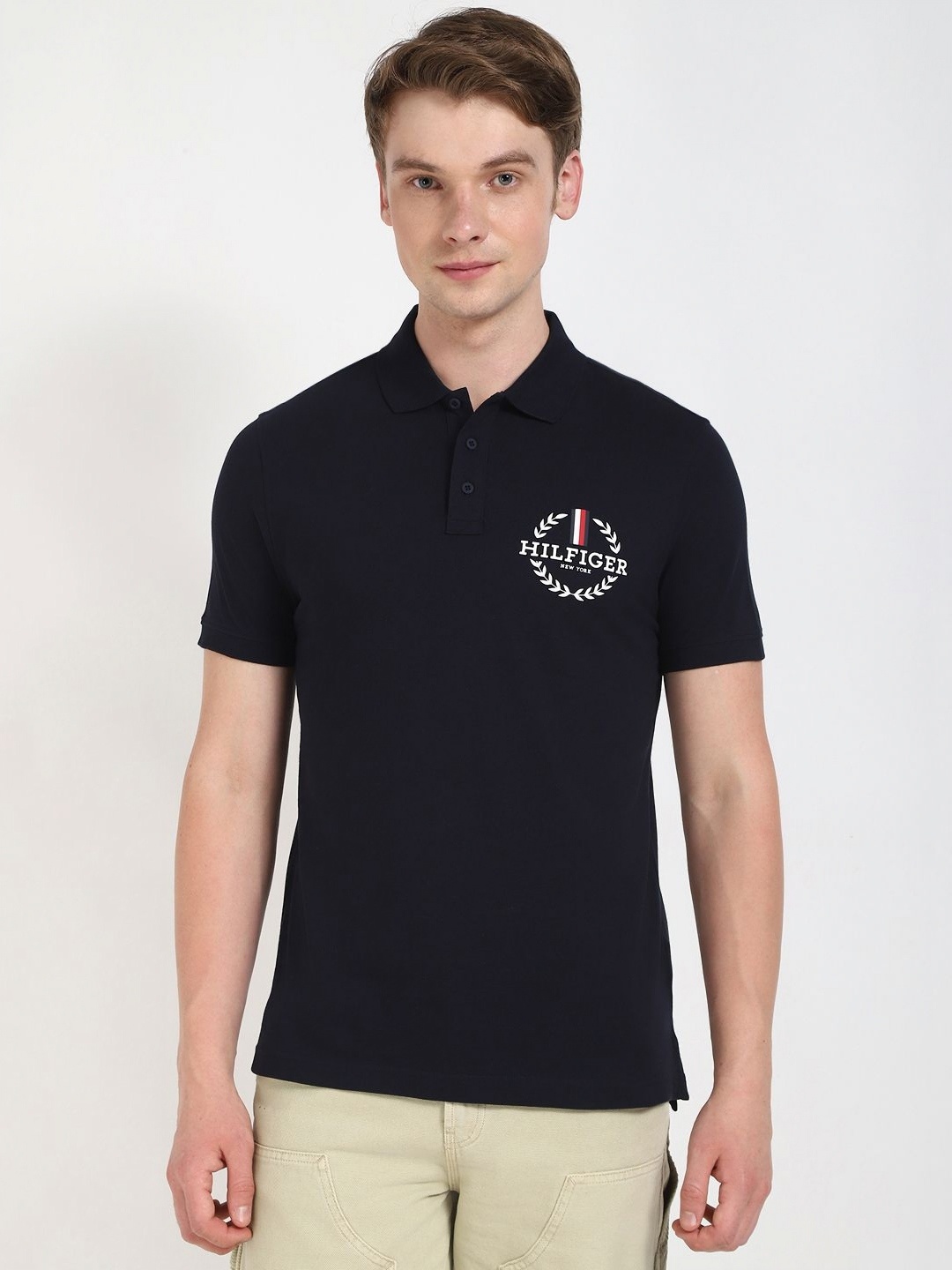 

Tommy Hilfiger Men Typography Printed Polo Collar Cotton T-shirt, Black