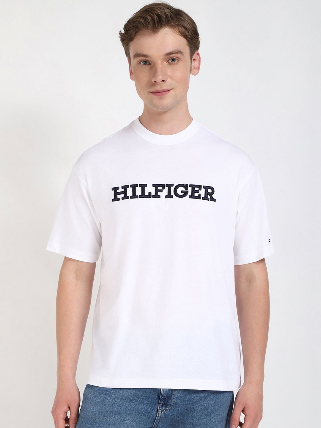 

Tommy Hilfiger Men Typography Printed Round Neck Cotton T-shirt, White