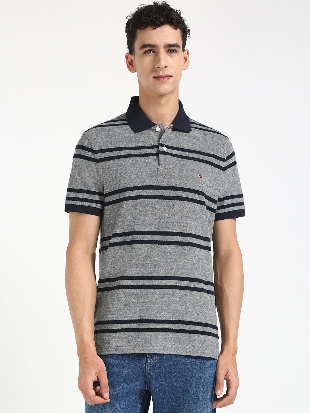 

Tommy Hilfiger Men Striped Polo Collar Cotton T-shirt, Grey