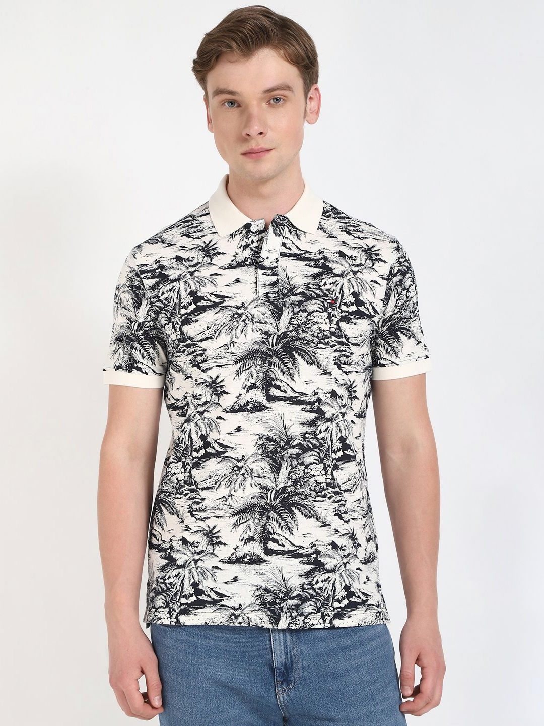 

Tommy Hilfiger Men Floral Printed Polo Collar Cotton T-shirt, Off white